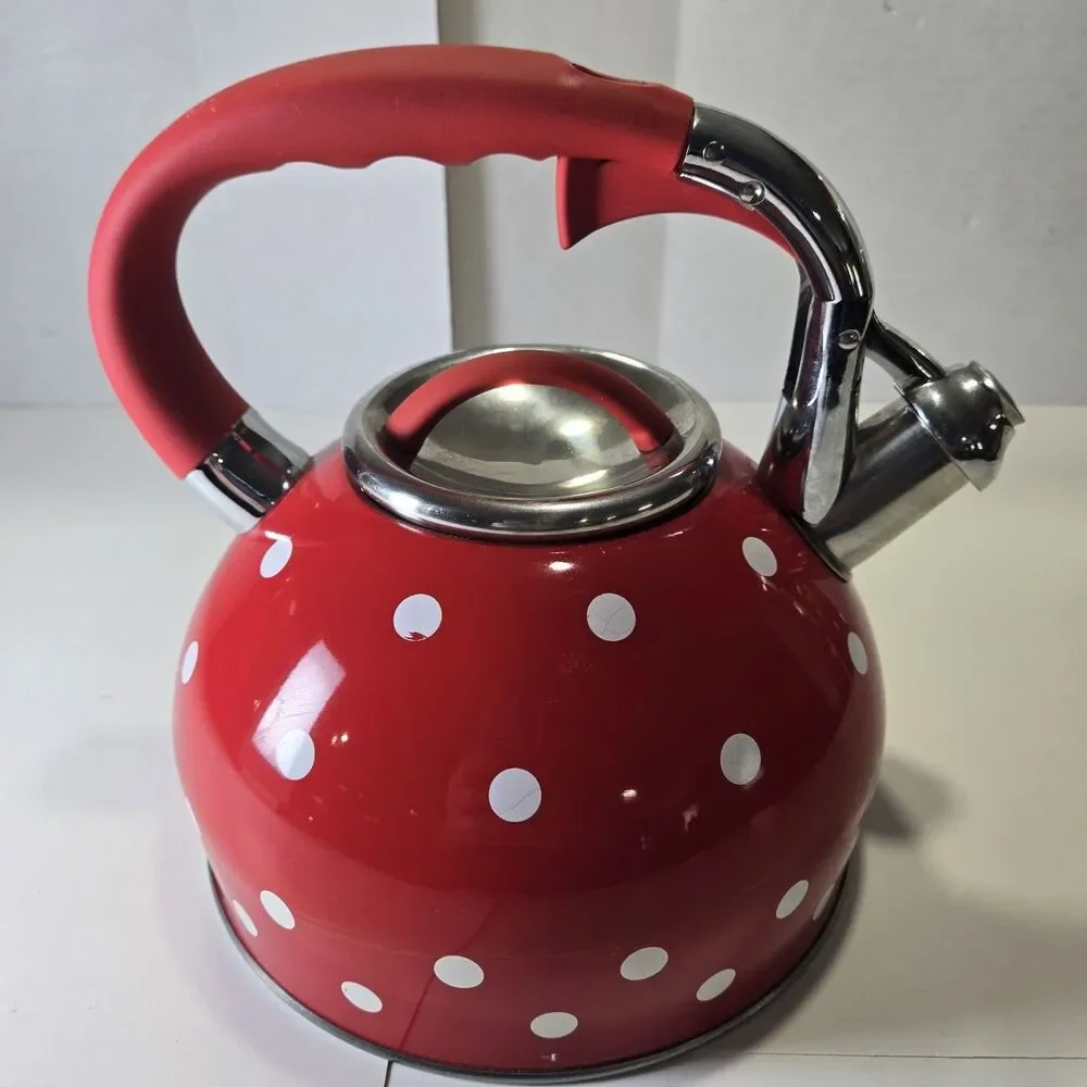 Retro Red Polka Dot Whistling Teakettle - Pristine Interior - Please Read